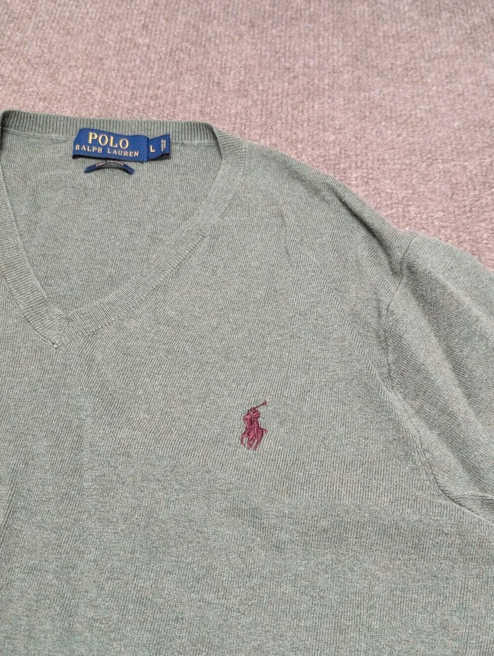 Polo by Ralph Lauren Men's Green V-Neck Pima Cotton Sweater Grandpacore (Large)